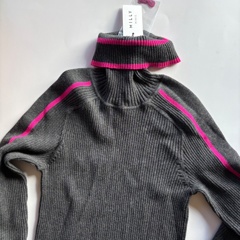 Milly Minis Racer Stripe T Neck Dress Ribbed Knit Charcoal Pink Girls Size 10‎